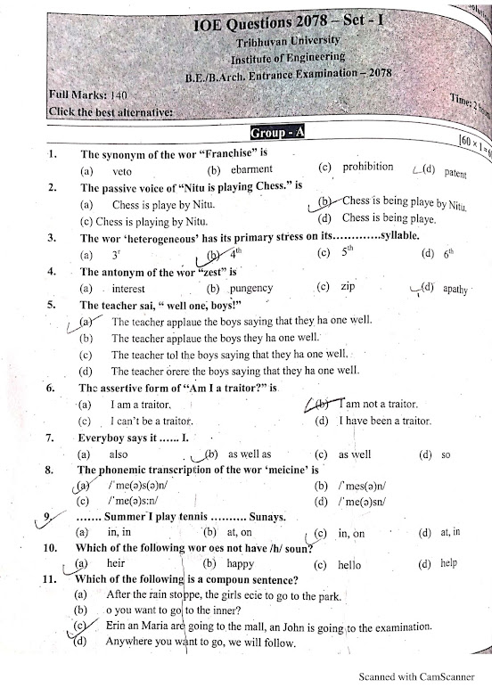 ioe entrance model question with answers