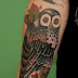 Owl Red Color Tattoo Style on Sleeve