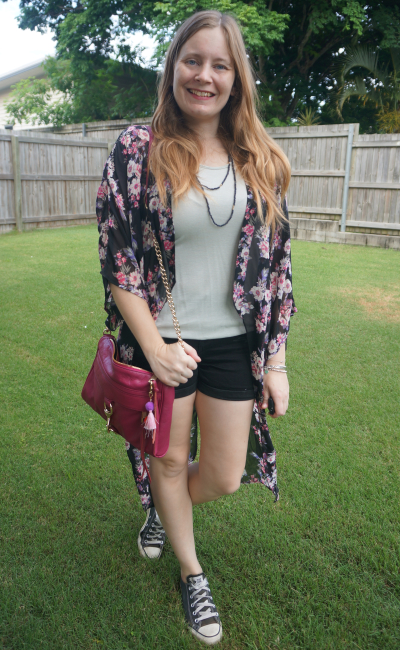 dark floral cover up with black denim shorts silver tank converse and magenta bag | awayfromblue