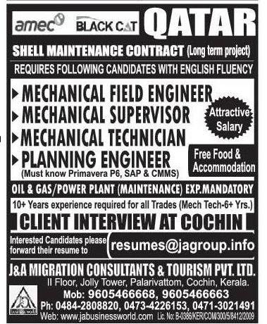 Shell Maint contract Jobs for Qatar - Oil & Gas Plant