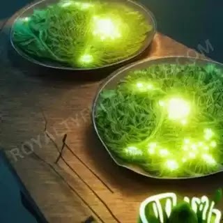 glowing green veggies in a bowl on a table