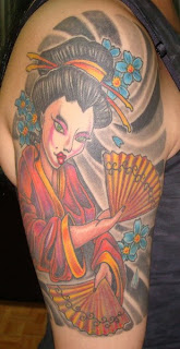 Amazing Female Shoulder Tattoo With Japanese geisha Tattoo Design Picture 3