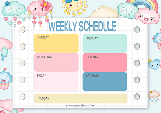 Vibrant weekly schedule template with cheerful illustrations of smiling clouds, sun, and rainbows, perfect for adding a touch of whimsy to your weekly planning