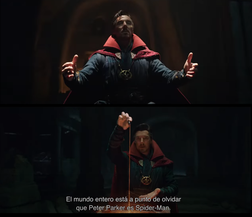 Doctor Strange haciendo un hechizo para que todo el mundo olvide la identidad de Spider-Man