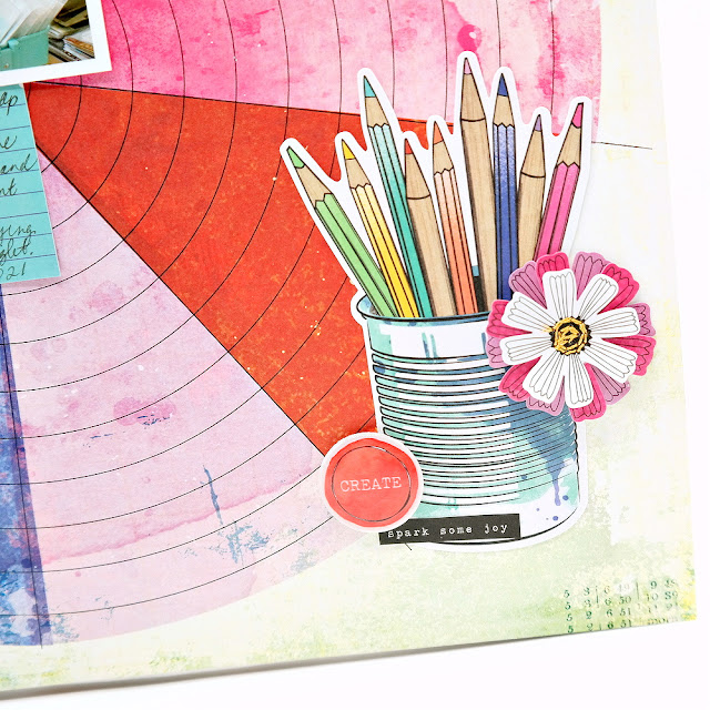 Die-Cut Pencil Jar Embellished with Layered Flower Create Flair and Spark Some Joy Sticker on a Happy Place Art Studio Scrapbook Layout