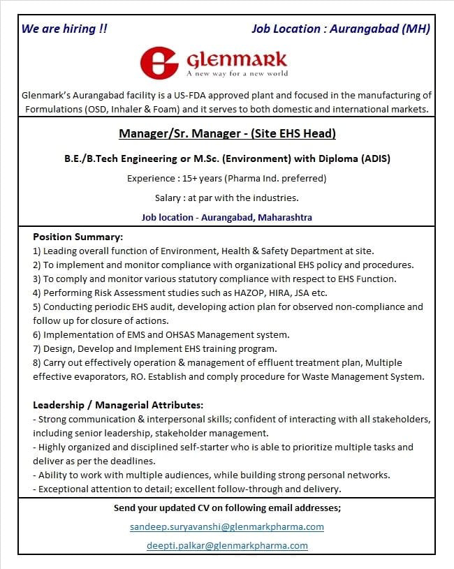 Job Available's for Glenmark Pharma Job Vacancy for BE/ B Tech Engineering/ MSc/ Diploma