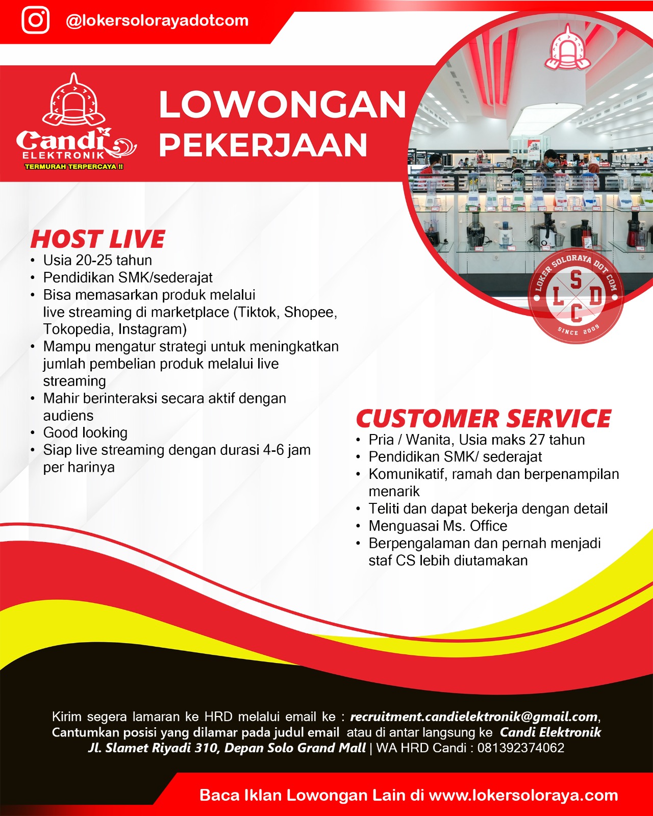 Loker Solo Raya di Perusahaan Retail Candi Elektronik Host Live, Admin Pengiriman, dll