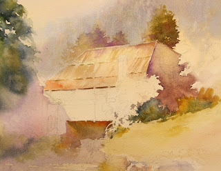 Roland Lee painting demonstration of a watercolor painting of barn in Switzerland