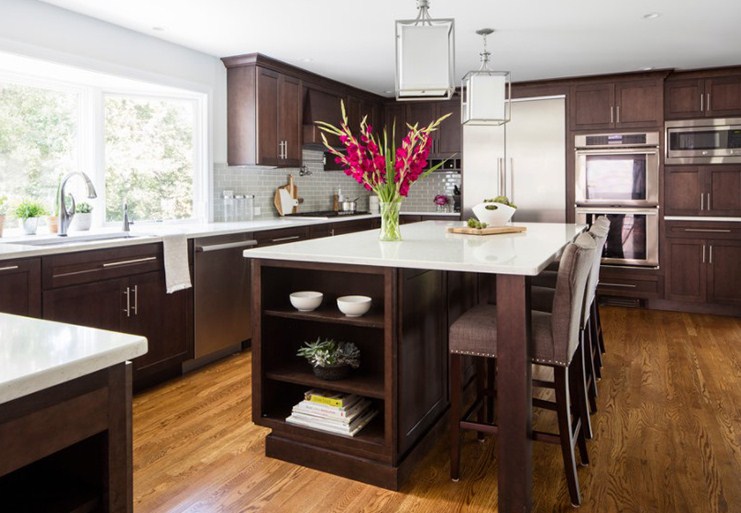 brown-kitchen-cabinets-white-countertops