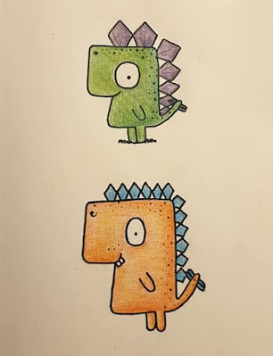 A drawing of a green dinosaur and an orange dinosaur