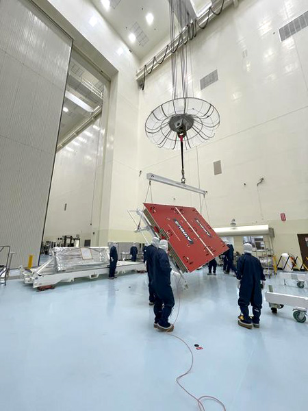 A solar array panel for NASA's Europa Clipper spacecraft undergoes processing at Kennedy Space Center's Payload Hazardous Servicing Facility in Florida...on February 27, 2024.