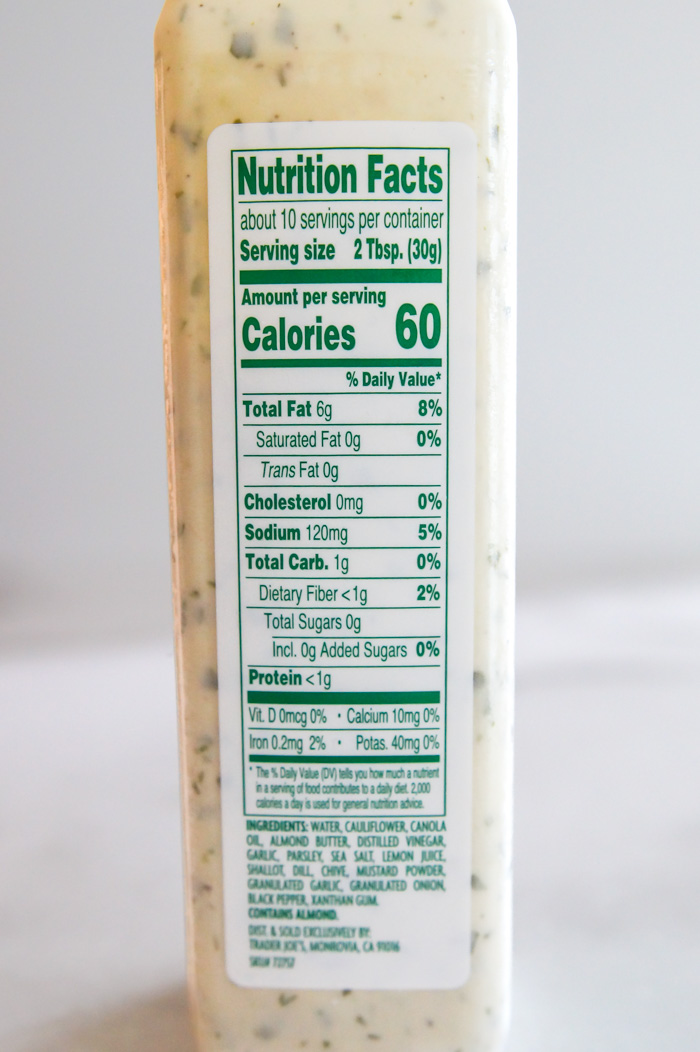 Trader Joe's Vegan Creamy Dill Dressing nutrition label