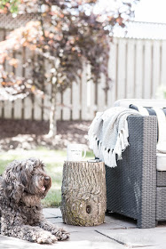 How to love your suburban backyard.  My tips for making the most of your space and living in it throughout the summer. Use a stump as an easy and low maintenance side table.