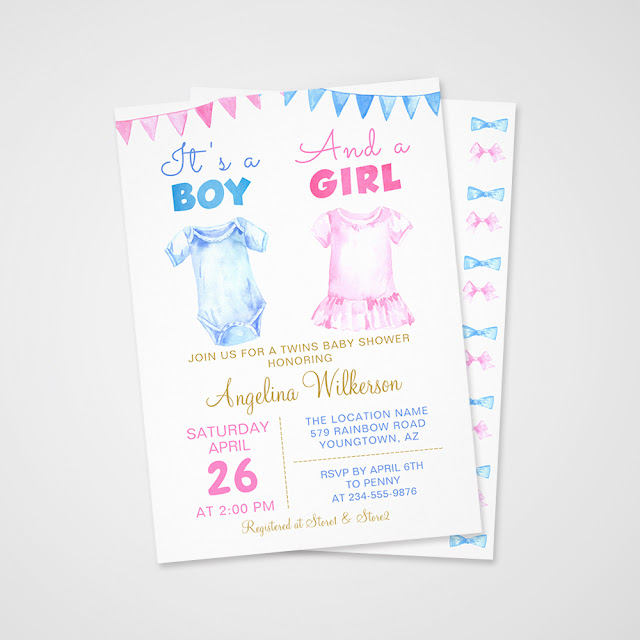  Twin Boy and Girl Pink Blue Baby Shower Invitation