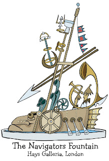 Cartoon of the Navigators Fountain, a steampunk ship with a face and horns and whirligigs