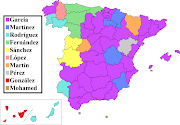 . el apellido más frecuente en cada una de las provincias de España. (px spanish surnames by province of residence)