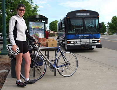 Image of bicyclist and bus with bike rack in Placer County California