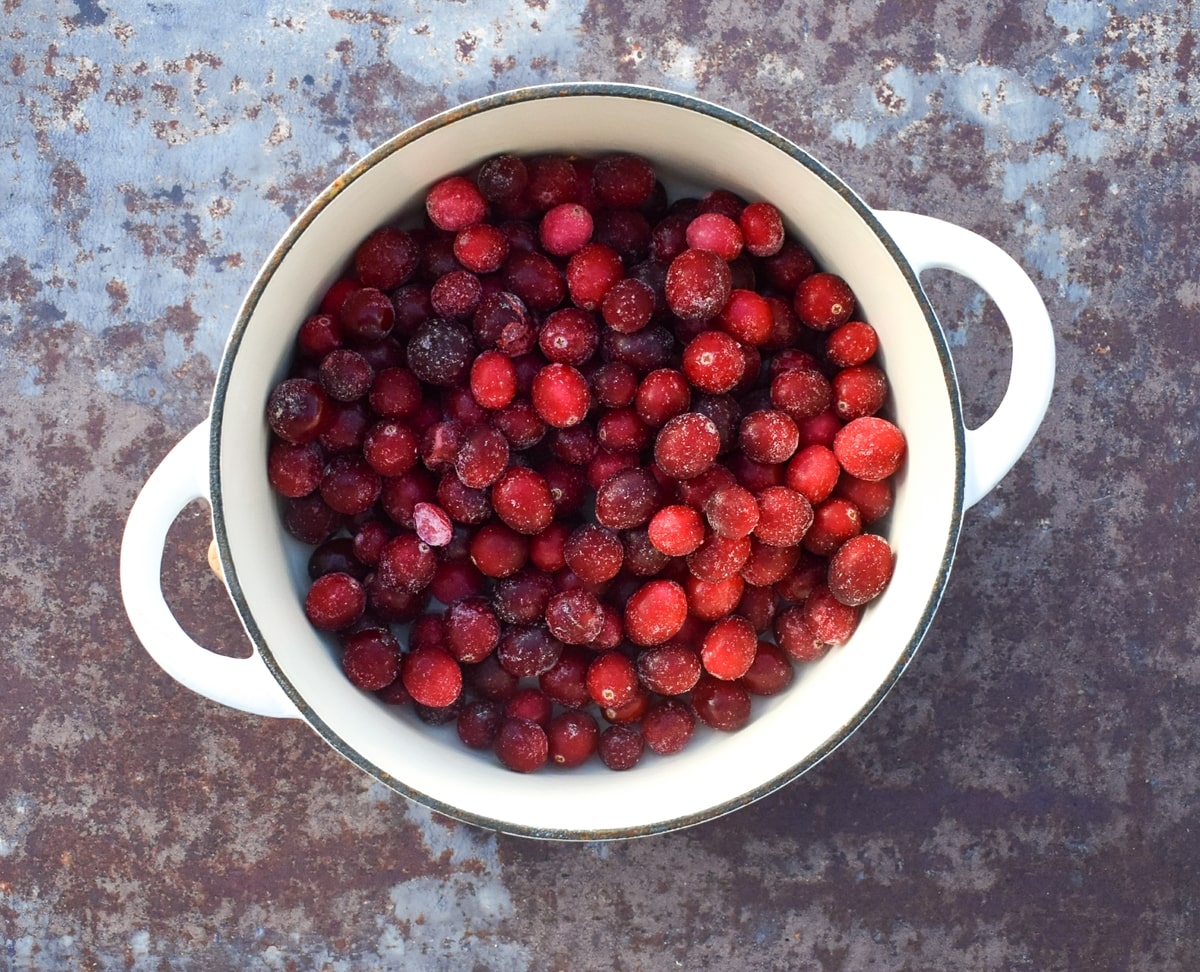 frozen cranberries in a pot.