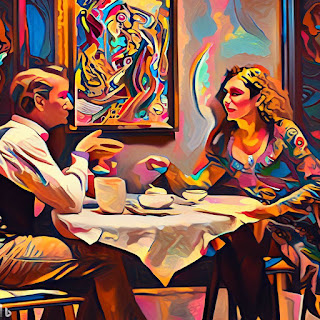 Im Stil von Andy Wharhol gemaltes Porträt von zwei Menschen, die in einem Café miteinander reden