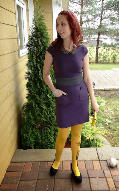 yellow butterfly Zohara tights with The Embellished Room purple dress, H&M Sunglasses and wedged heeled shoes, vintage clutch, Shop For Jayu collar necklace, toronto fashion and style colour blocking