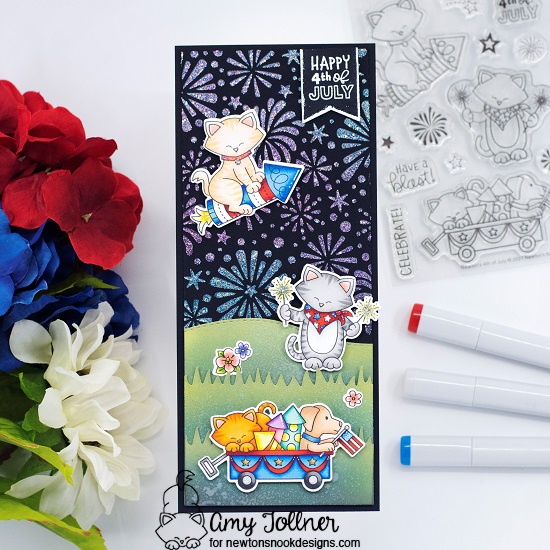 Inky Paws Challenge Summer Theme - Newton's 4th of July stamp and die set, Woodland Spring stamp and die set, Fireworks stencil, Land Borders die set, Frames and Flags die set by Newton's Nook Designs #newtonsnook #handmade