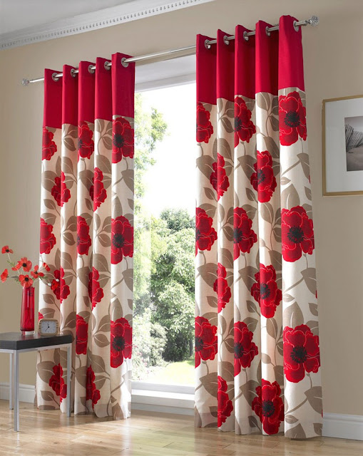 elegant red and white curtains with roses