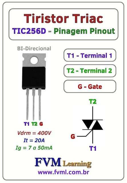 Pinagem-Pinout-Tiristor-Triac-TIC256D-Características-substituição-fvml