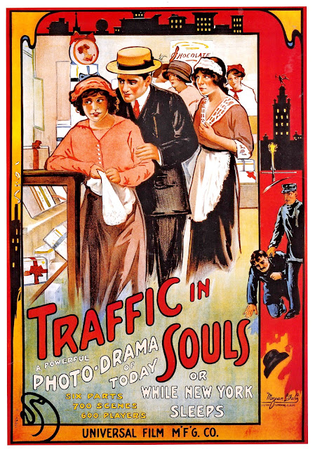 TRAFFIC IN SOULS. Estados Unidos. Cartel: 69 x 104 cms. Imprenta: Morgan Litho. Co., Cleveland. TRÁFICO DE ALMAS. Traffic in Souls. 1913. Estados Unidos. Dirección: George Loane Tucker. Reparto: Jane Gail, Ethel Grandin, William H. Turner, Matt Moore, William Welsh, Millie Liston, Irene Wallace, William Cavanaugh, Arthur Hunter, Howard Crampton, W.H. Bainbridge, Luray Huntley.