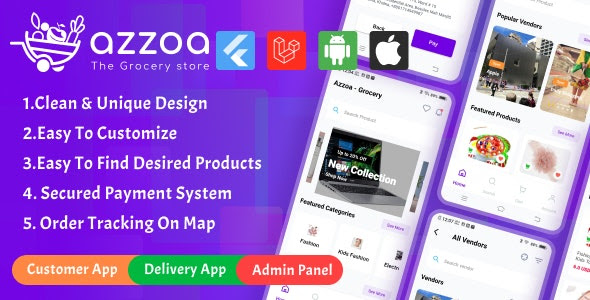 Azzoa v4.0.3 – Grocery, MultiShop, eCommerce Flutter Mobile App with
Admin Panel