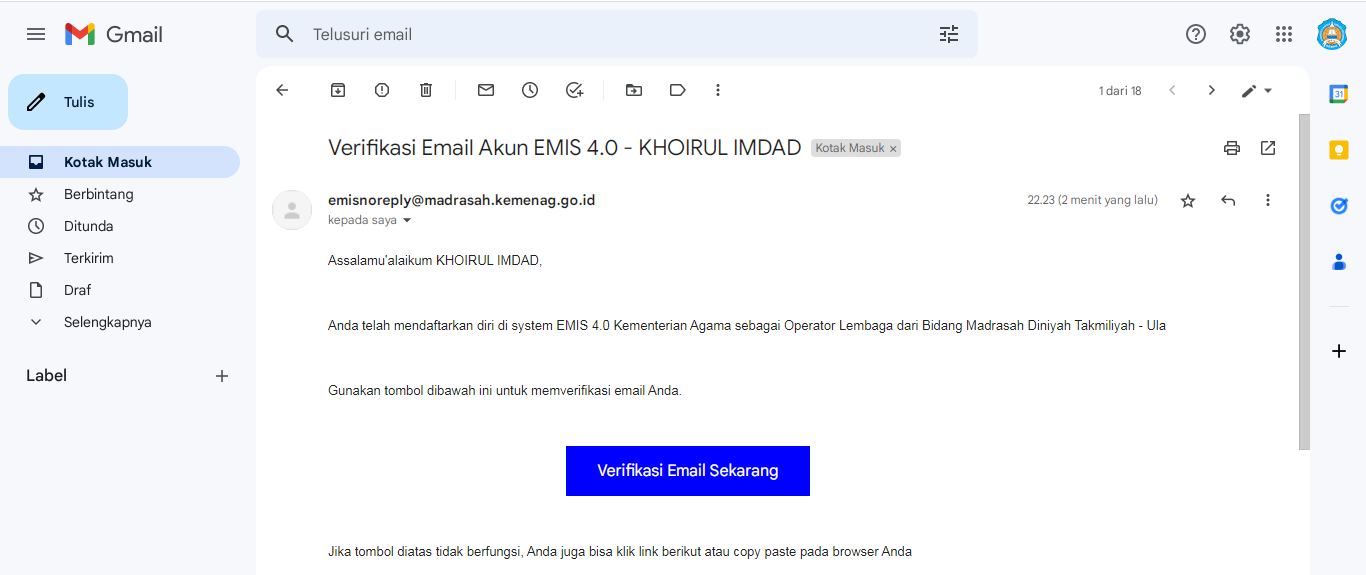 Buat Akun EMIS 4.0 untuk Madin/PD-Pontren: Verifikasi Email