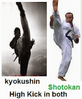 high kick, in shotokan, and kyokushin, vs karate