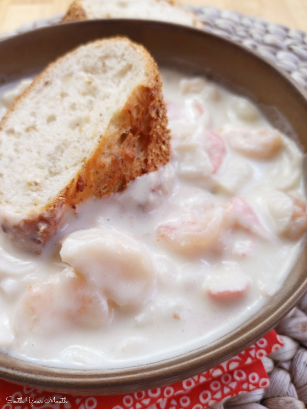 Shellfish Chowder! A family recipe for hearty, creamy chowder loaded with shrimp, scallops, clams and crab that's surprisingly simple to make.