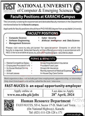 National University Karachi Campus Jobs 2024