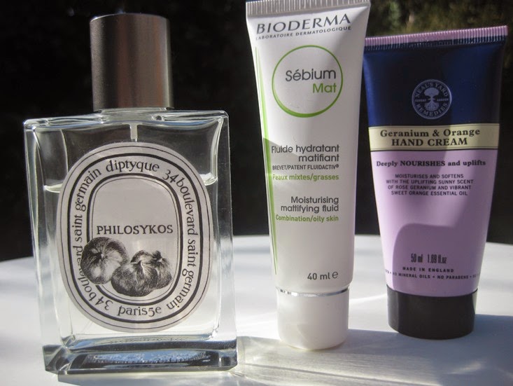 Diptyque-Philoskyos-perfume,Bioderma-Moisturising-Mattifying-Fluid Neals-Yard-Geranium Orange-handcream