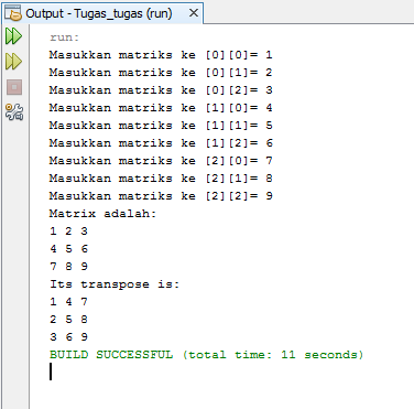 hasil coding Matrux Tranpose 3X3