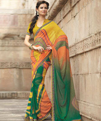 Seymore Georgette Saree Green, Orange and Yellow with Blouse 