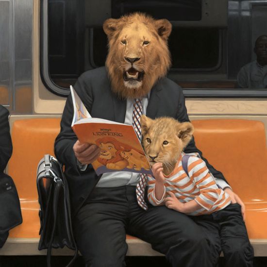 Matthew Grabelsky arte pinturas óleo surreais animais antropomórficos metrô nova york foto realismo