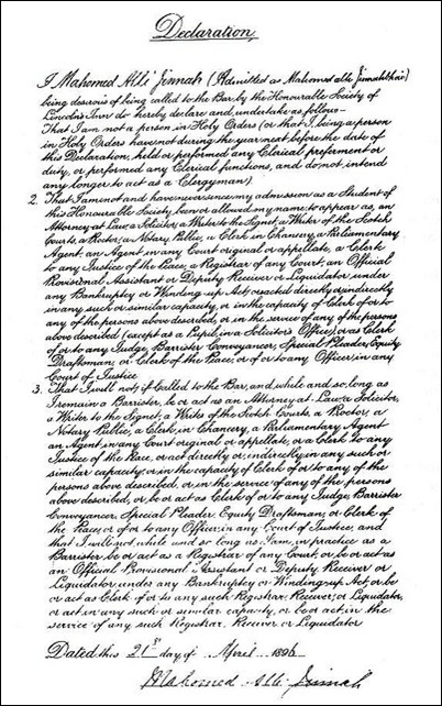 Mr Jinnah in Lincoln's Inn - Declaration of Eligibility, 1896
