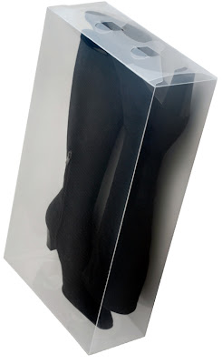 clear boot box with tall black boots inside