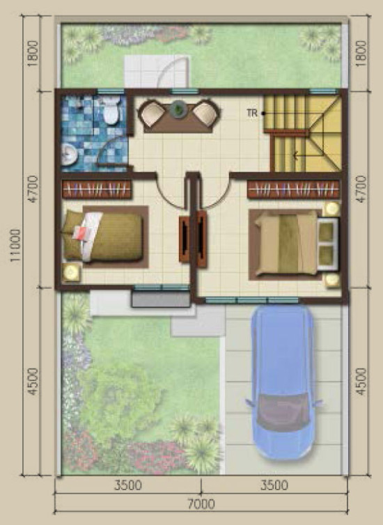 Denah rumah minimalis ukuran 7x11 meter 3 kamar tidur 2 lantai