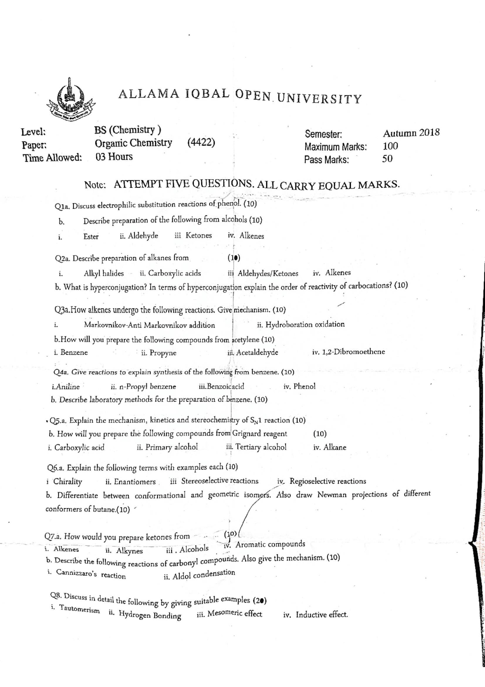 AIOU - Organic Chemistry 4422 Autumn 2018