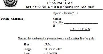 Contoh Surat Undangan Rapat Pertemuan Ibu PKK Sederhana 