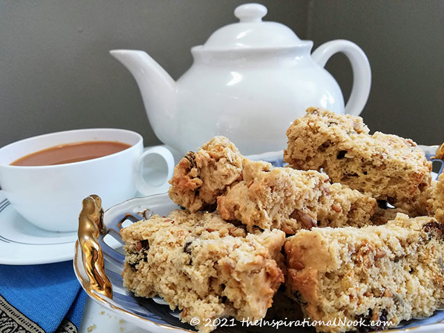 South African buttermilk muesli rusk, karringmelk beskuit, beskuit, coffee, with nuts, raisins, self-rising flour