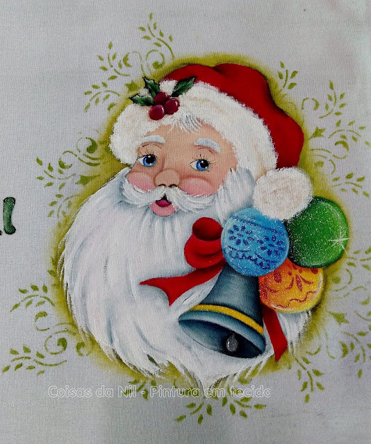 pintura em tecido Papai Noel com sino e bolas de Natal