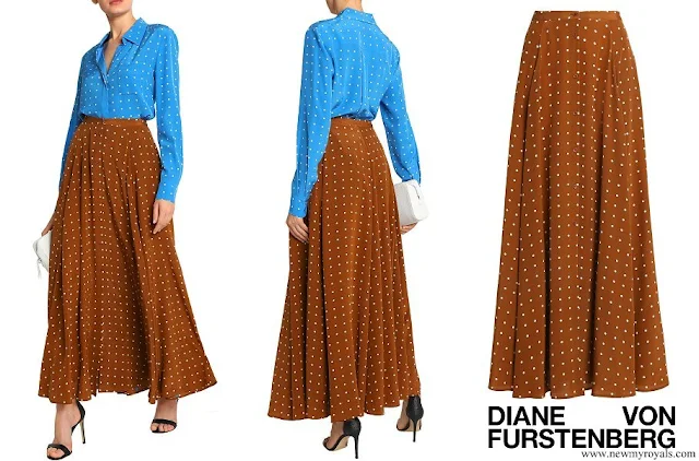 Crown Princess Mary wore Diane von Furstenberg Brown Pleated Polka-dot Silk Maxi Skirt