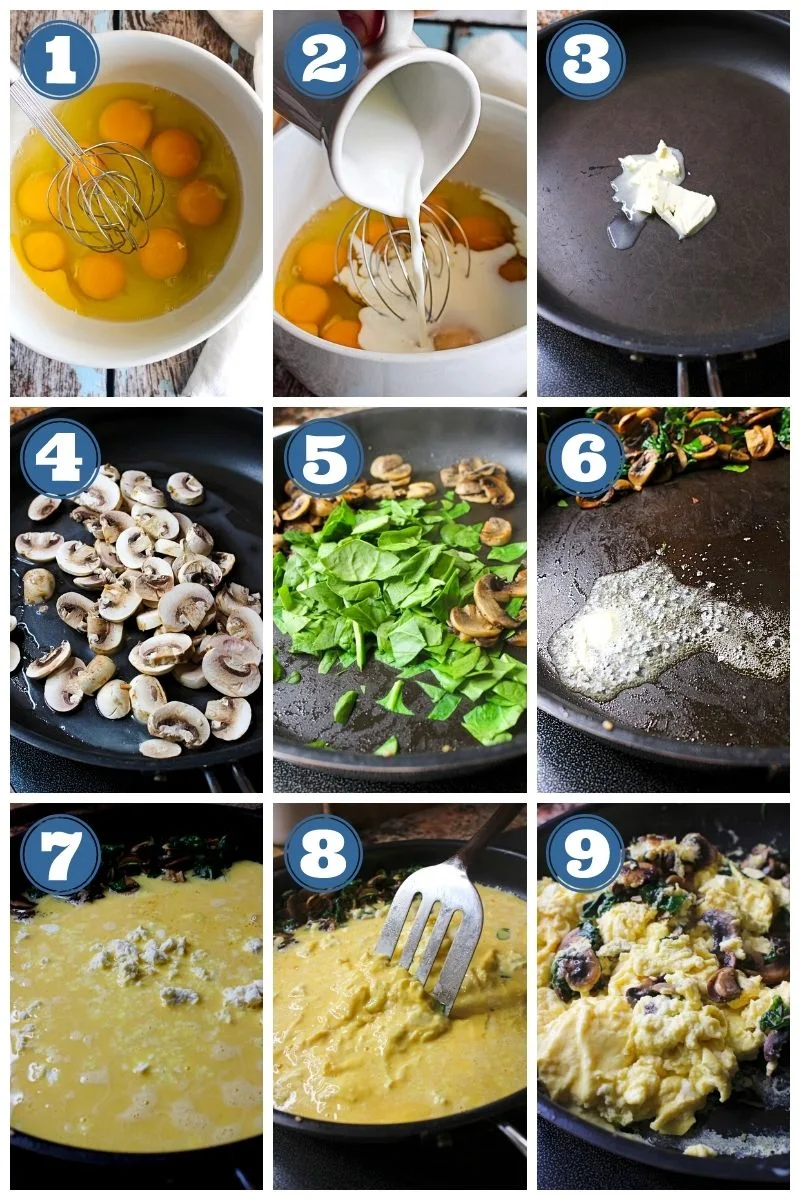 A collage of step-by-step photos showing how to make mushroom feta scrambled eggs.