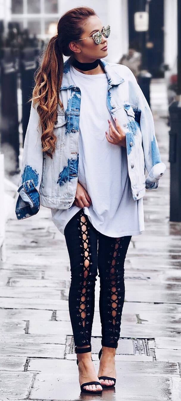 street style perfection: denim jacket + top + skinnies + heels