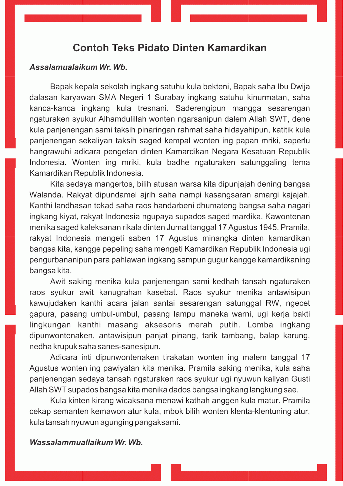 Contoh Pidato Bahasa Jawa Dengan Tema Hari Kemerdekaan