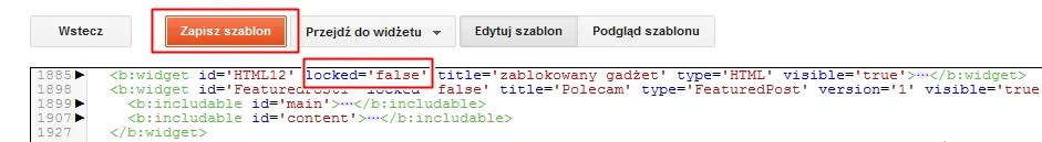 Jak usunąć zablokowany widżet w bloggerze? - zmień true na false