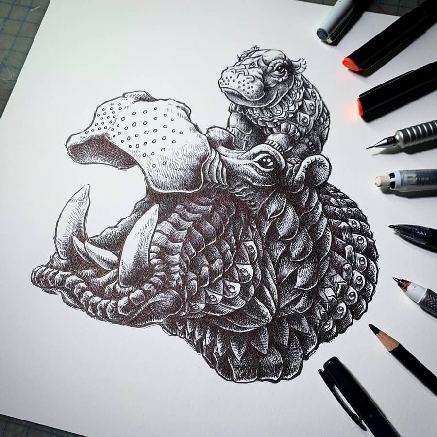 07-Hippo-and-baby-Animal-Drawings-Ben-Kwok-www-designstack-co